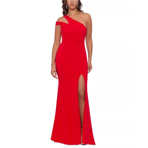 Xscape Lucy Long Scuba Crepe One Shoulder Dress Thigh High Slit Red Size 10 NWT - Picture 1 of 9